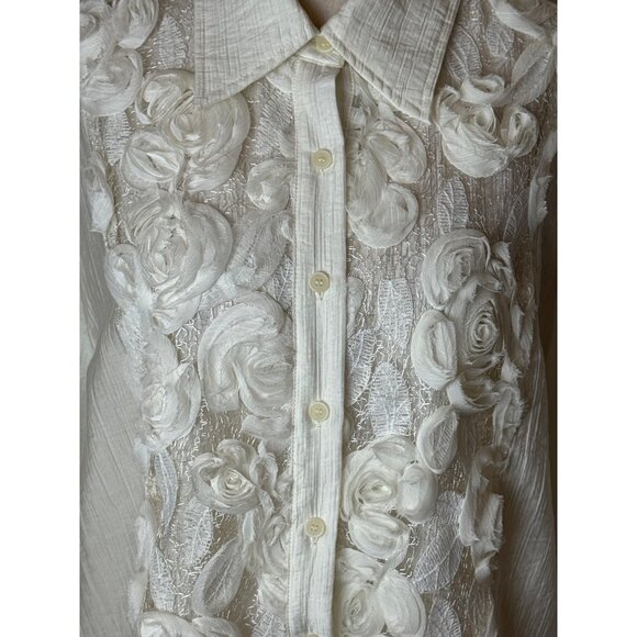 Anewsta Shirt Women Medium White 3D Floral‎ Button Down Blouse NWT Boho Elegant - Picture 8 of 13